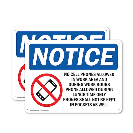 Signmission No Cell Phones Allowed In Work, 10 in W x Rectangle, Aluminum OS-2PACK-NS-A-710-L-14421